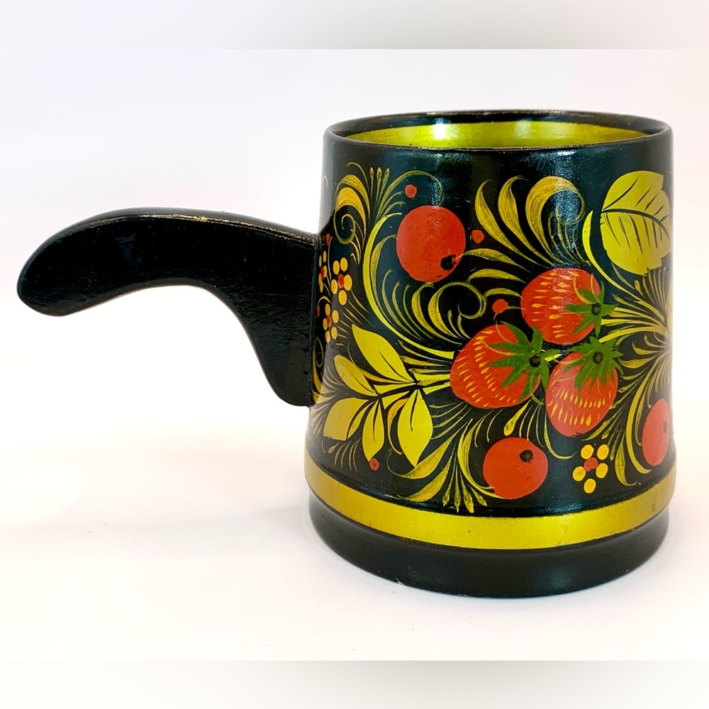 Russian Khokhloma (USSR) Painted Laquered Cup/Wooden Mug w/ Handle - Folk Art